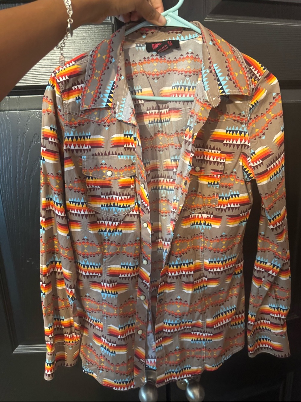 Rock & Roll Cowgirl Taupe Button-Down Shirt with Orange & Blue Aztec Print